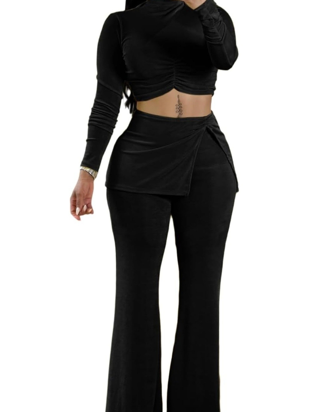 Black Two-Piece High-Waist Flare Pants Set